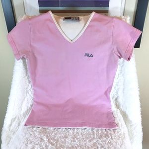 Fila Vintage Women’s Pink & White Bodycon T-Shirt With Grey Logo
